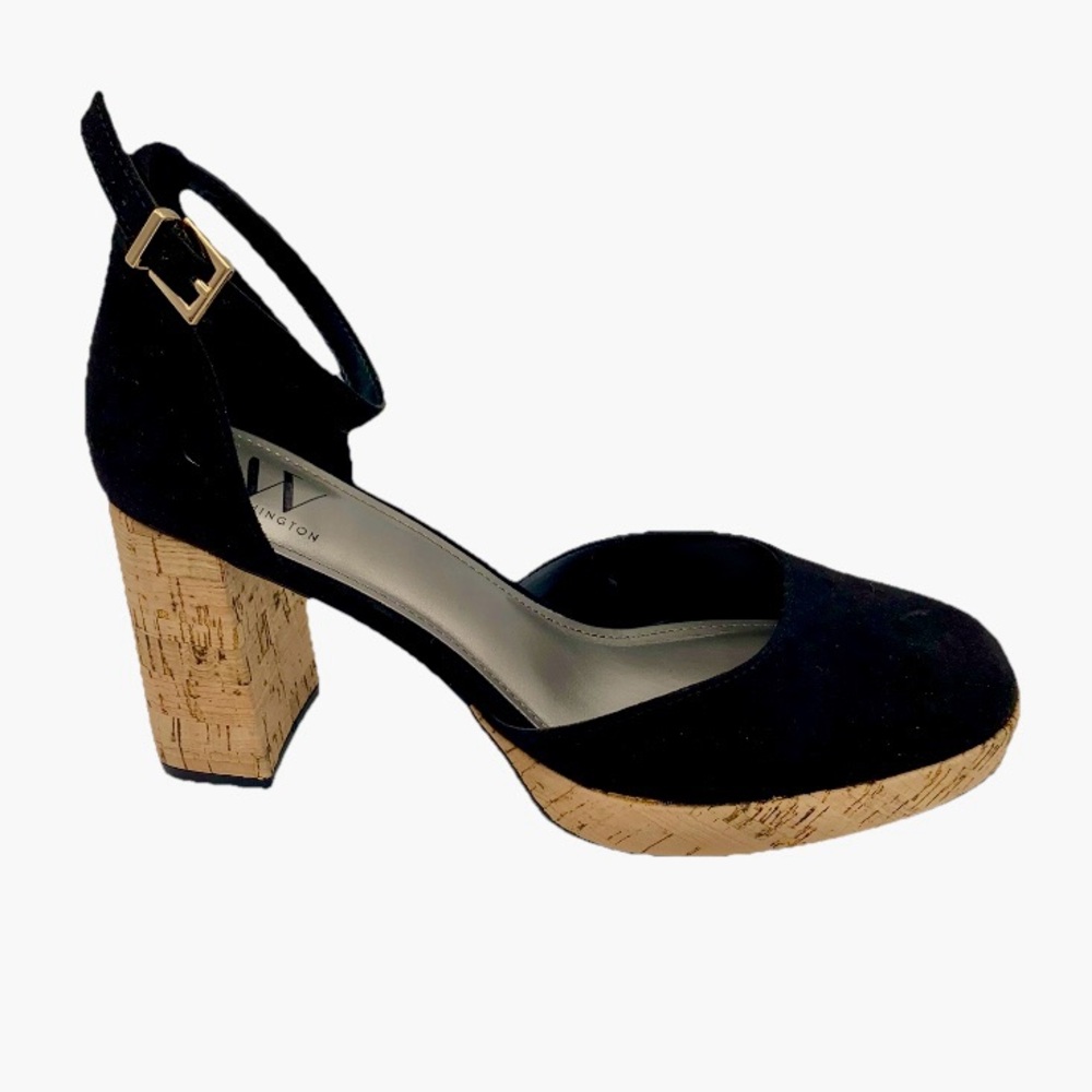Worthington‎ High Heel Black Faux Suede Cork Block Sz 9M Chunky Ankle Strap EUC